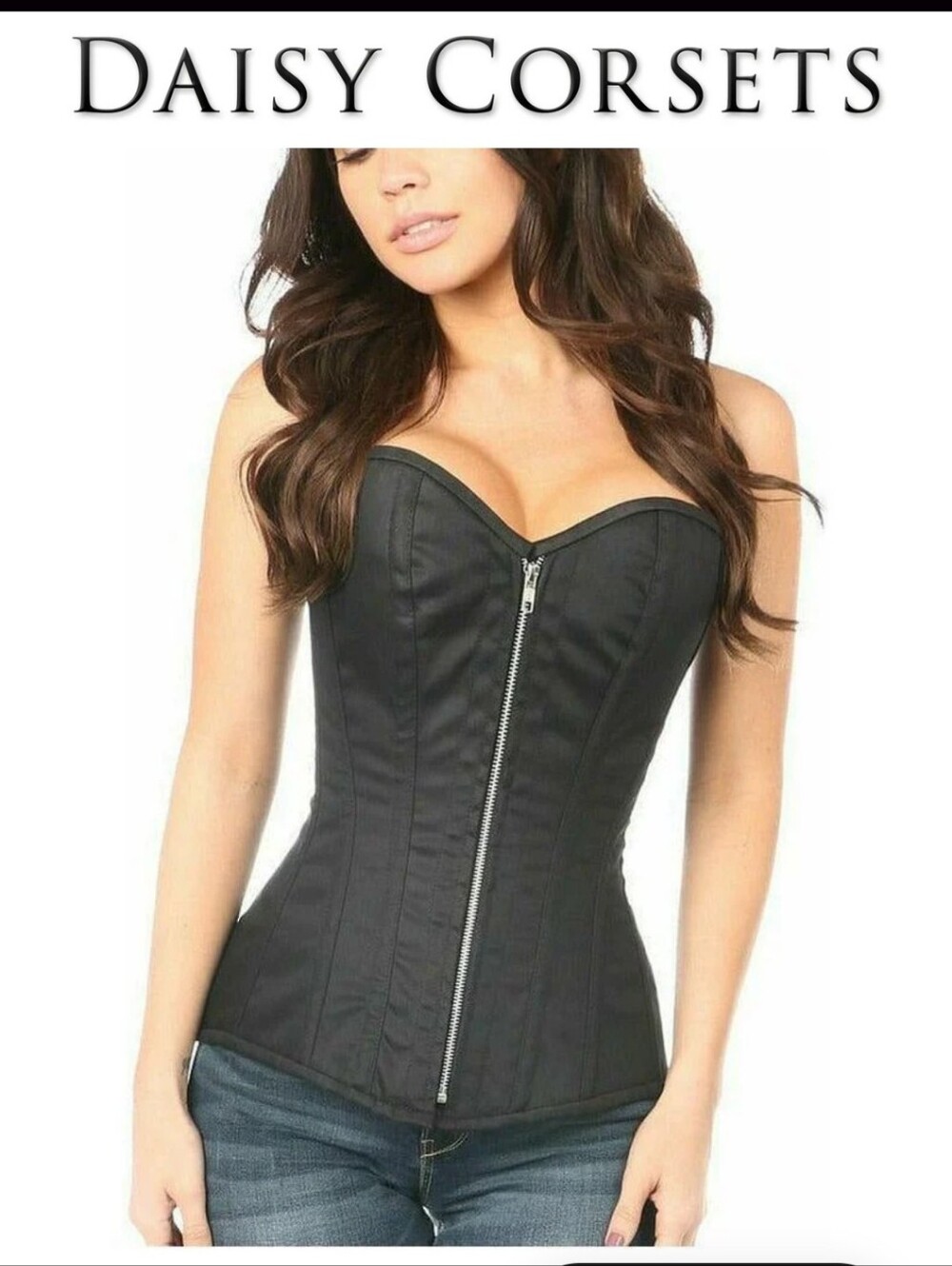 Top Drawer Black Cotton Steel Boned Corset W/ Zipper - Picture 3 of 12